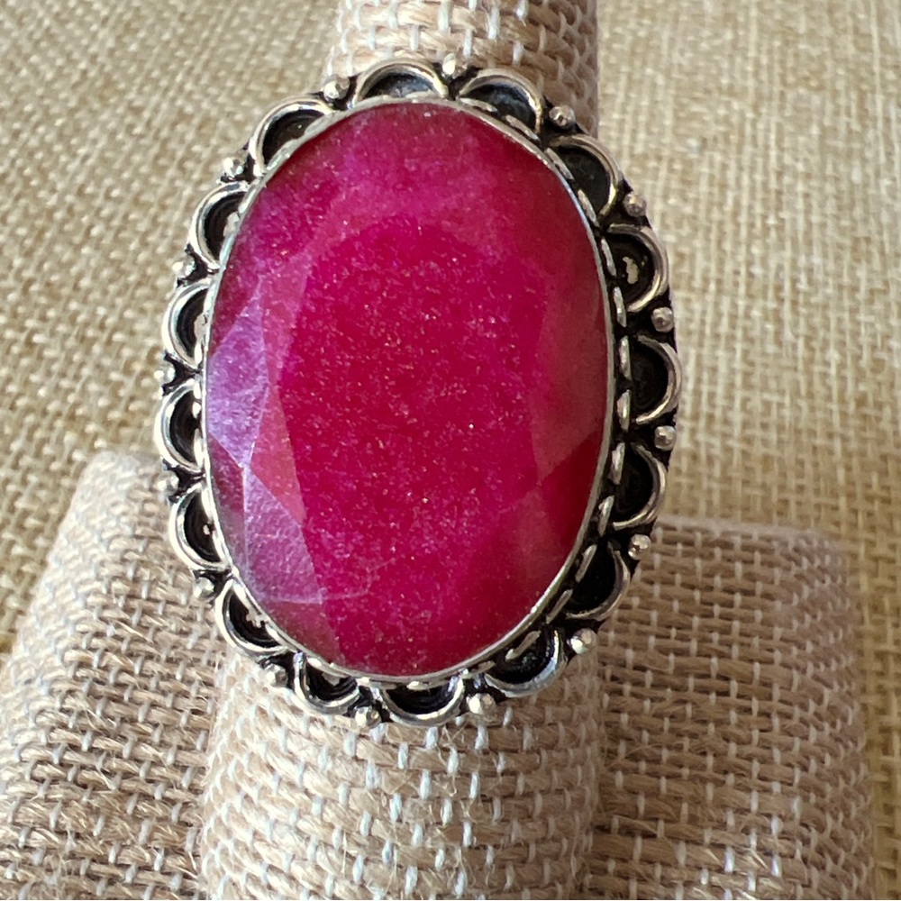 New Enhanced Faceted Ruby Silver Overlay Ring Size 7.5 - 7.75